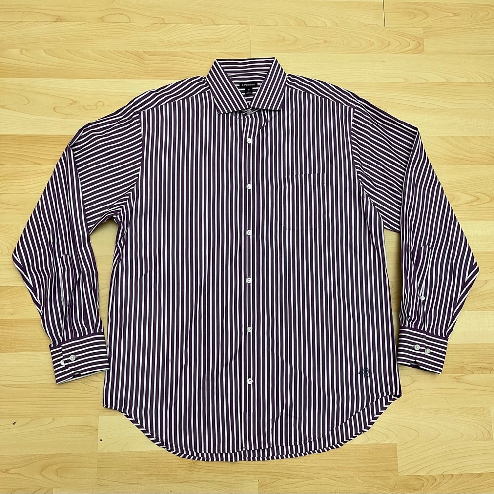 J. Peterman Button Shirt Men’s Medium Gray White Striped Long Sleeve Mint